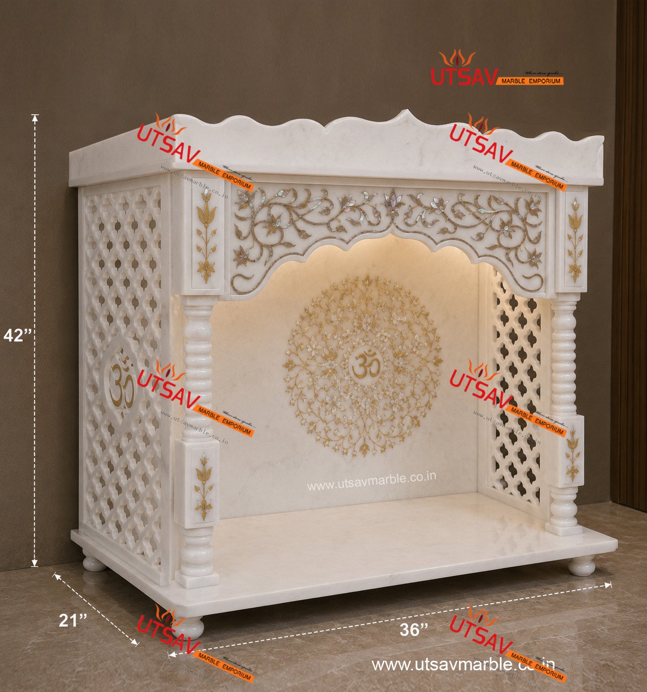 White Marble Pooja mandir with MOP work