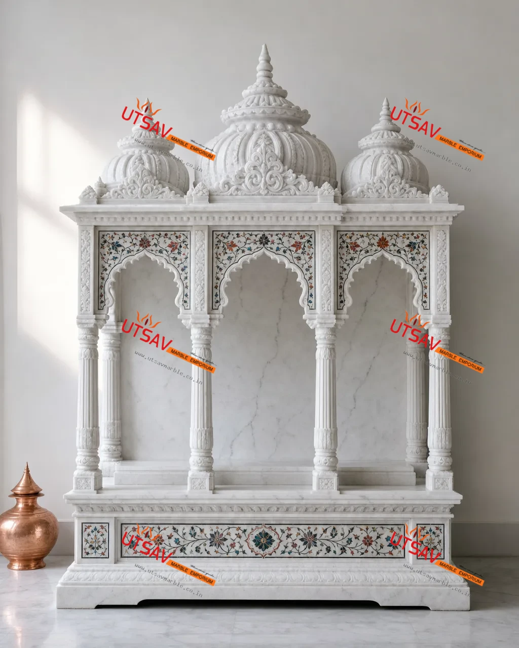 Luxury Triple Dome White Marble Pooja Mandir with Floral Inlay