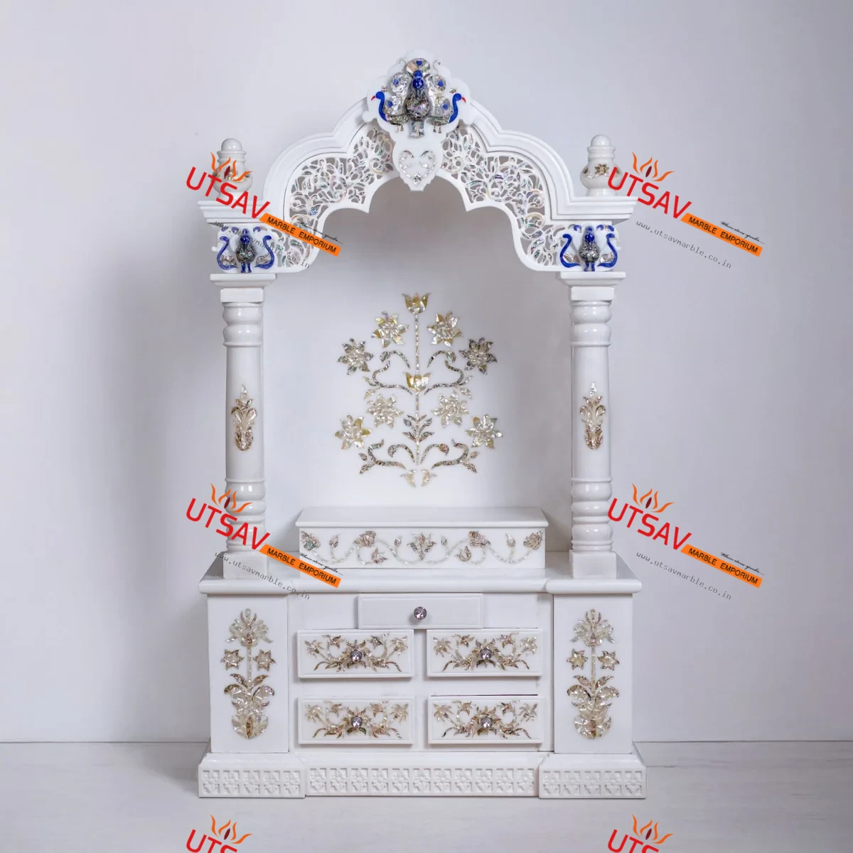 Pure White Marble Pooja Mandir with Stone & MOP Inlay