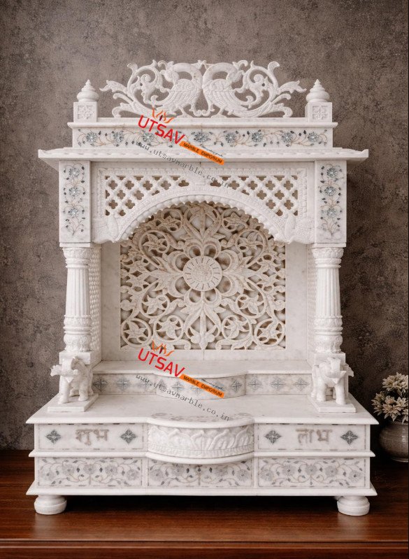 Luxury White Marble Pooja Mandir with Stone & MOP Inlay