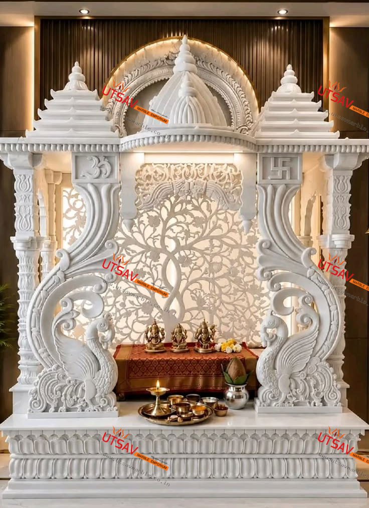 Luxury Pure White Marble Pooja Mandir with Stone & MOP Inlay