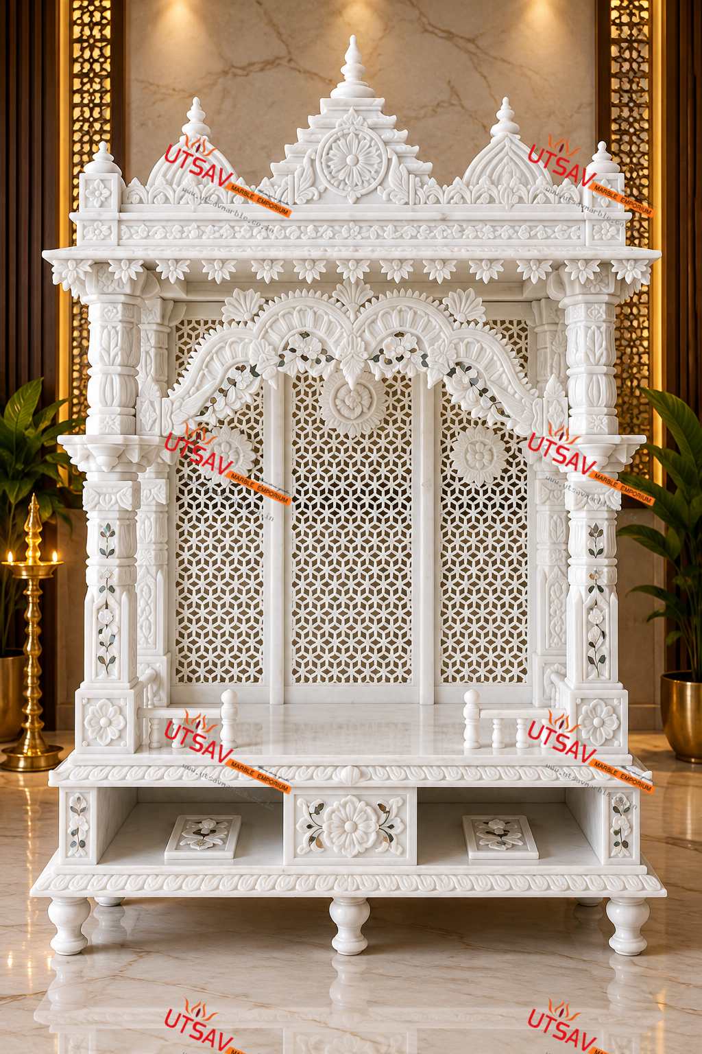 Pure White Marble Pooja Mandir with Jali, Carving & MOP Inlay Work