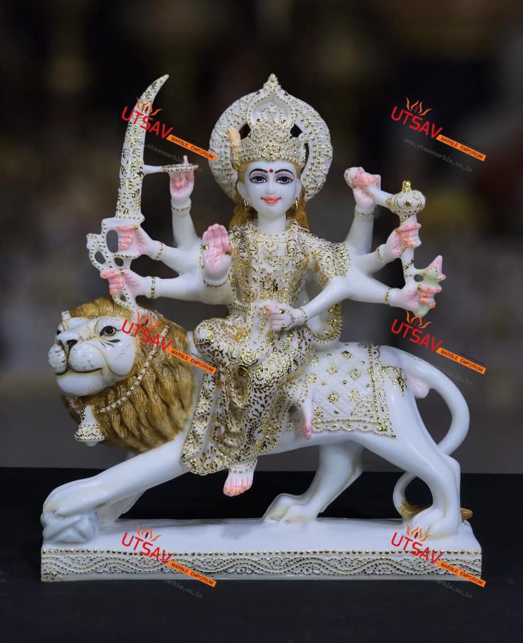 Marble Durga Mata with Lion Statue